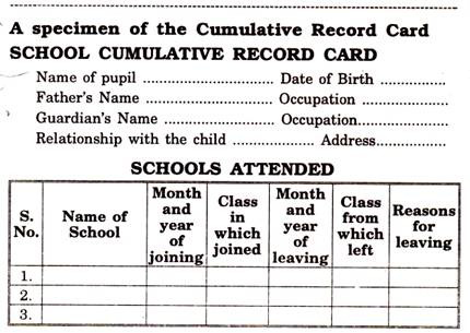 A Specimen of the Cumulative Record Card School Cumulative Record Card