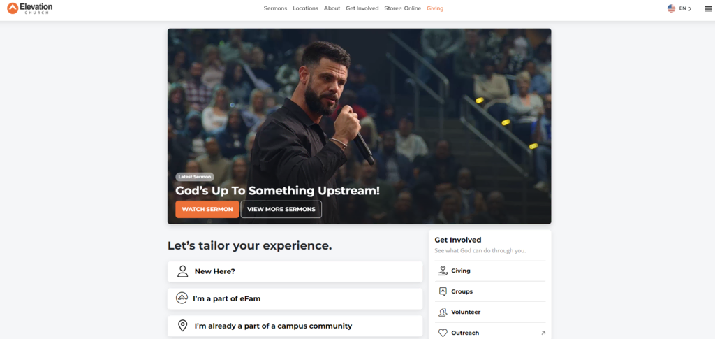 Página inicial do site da igreja Elevation Church