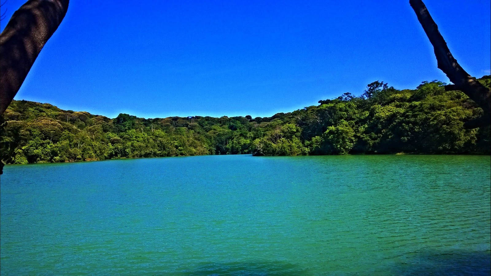 Lagoa Azul da Ilha de Itamaracá. Foto da lagoa quase na mesma tonalidade de azul que o céu, separado por uma faixa da vegetação natural com árvores verdes.

