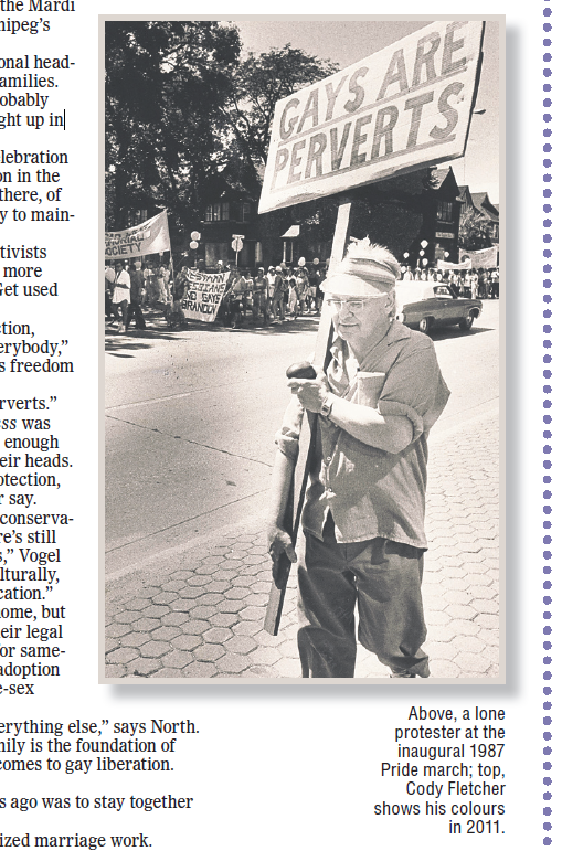 News article clipping featuring a black and white photograph of a lone protestor at the 1987 pride march holding a sign that says “gays are perverts.”