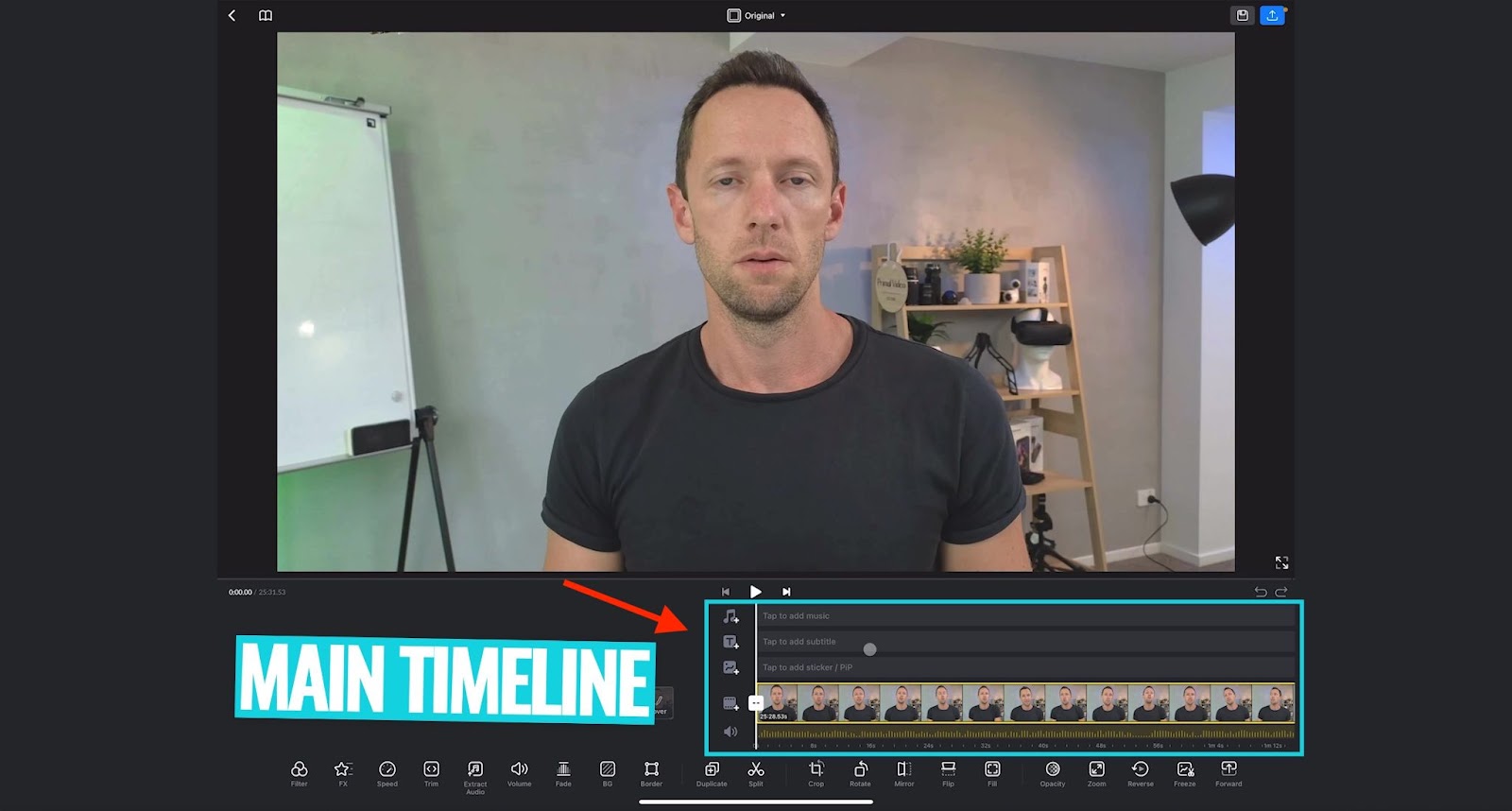 VN Video Editor Interface with the editing timeline highlighted in a box and the 'MAIN TIMELINE' text next to it on the left
