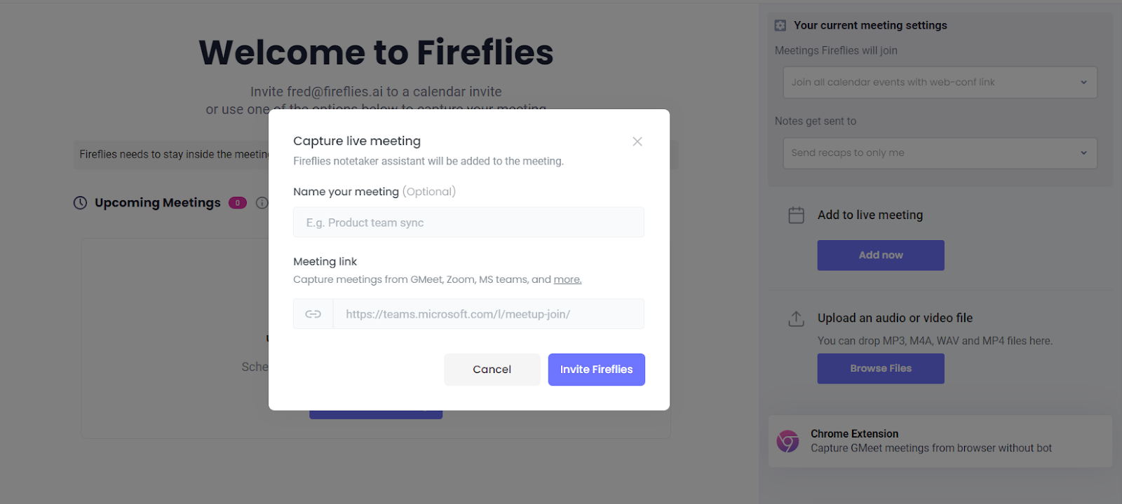 Invite Fireflies to live meeting