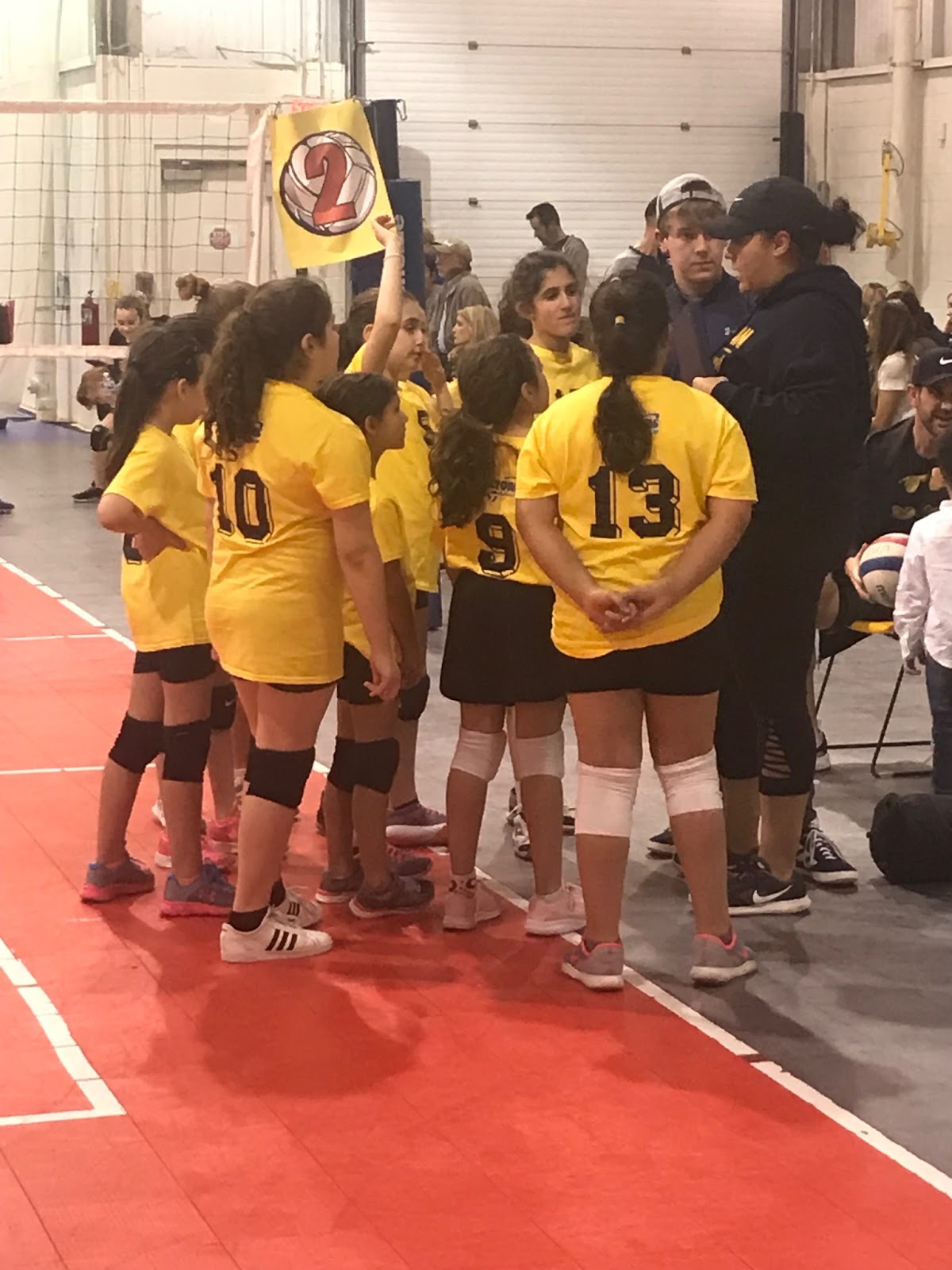 A girls volleyball team huddle around their coach, listening to her wise words.