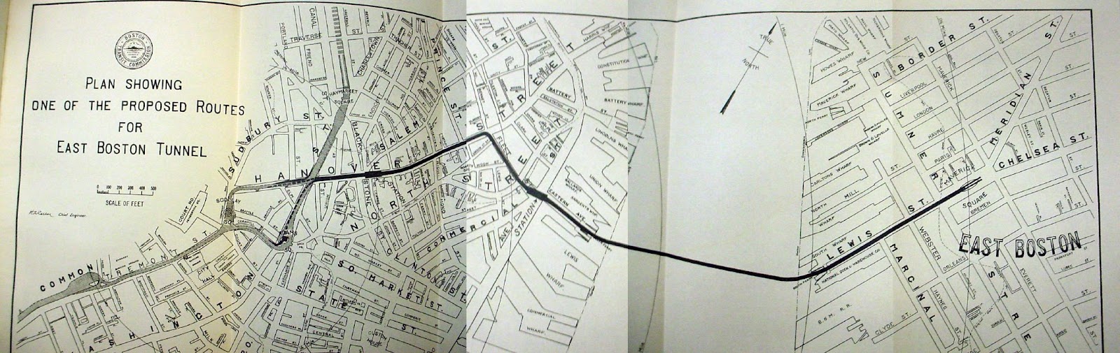 A paper map of the "Plan showing one of the proposed Routes for East Boston Tunnel", where the route extends out of the loop at Scollay Square, continues under Hanover street before cutting east under the Harbor, and arriving in East Boston under Lewis Street