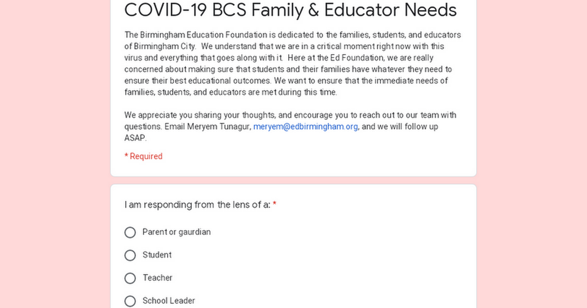 COVID-19 BCS Family & Educator Needs