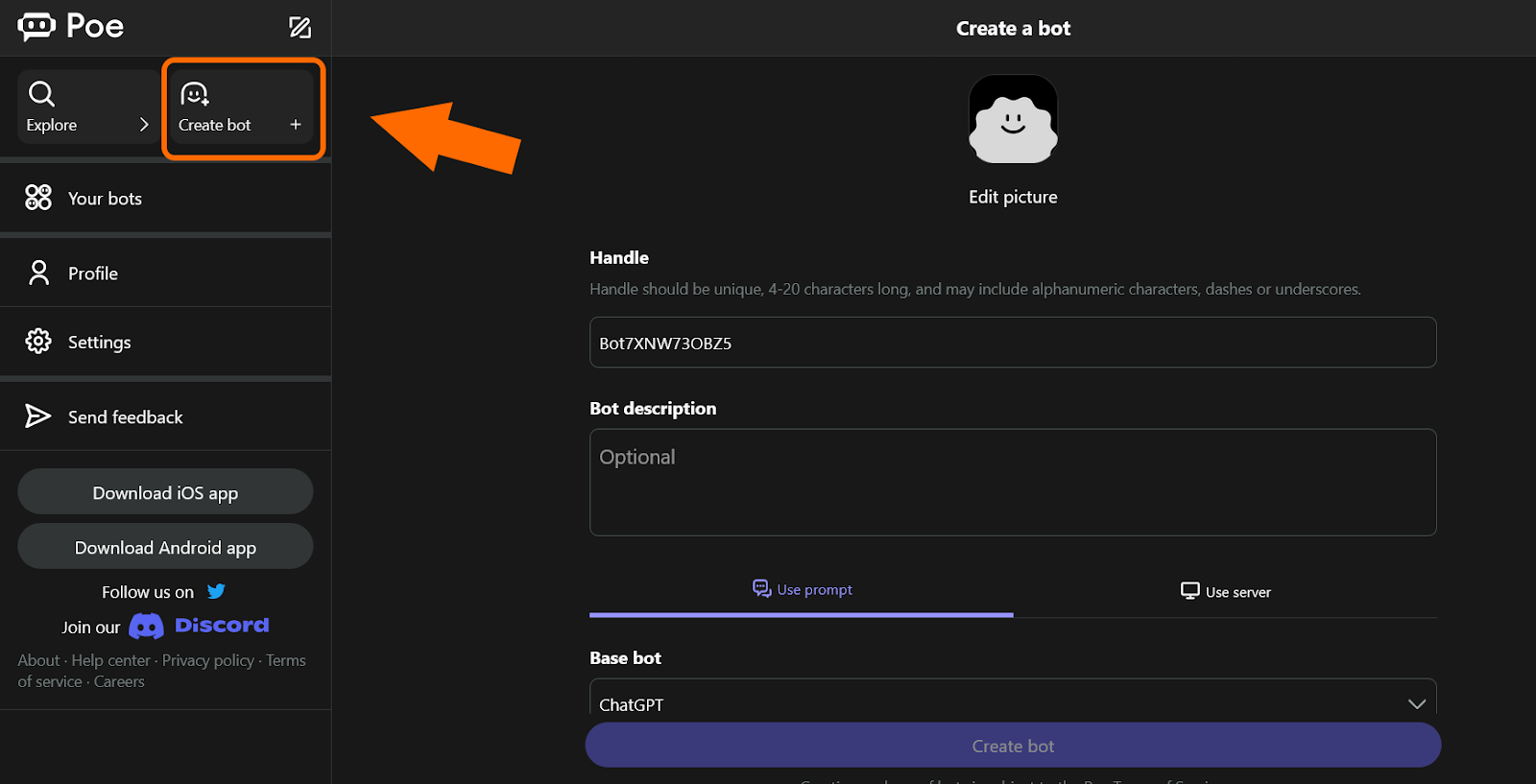Click on the Create bot button on the lefthand panel