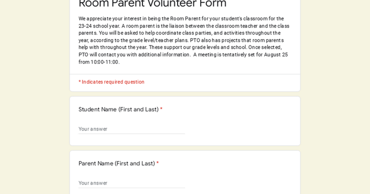 Room Parent Volunteer Form