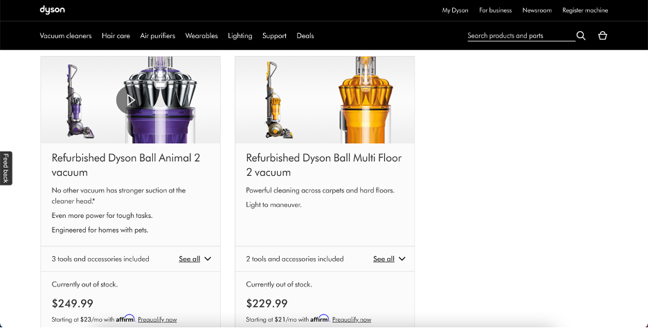Dyson Outlet screen shot showing two vacuum cleaners discounted from full price