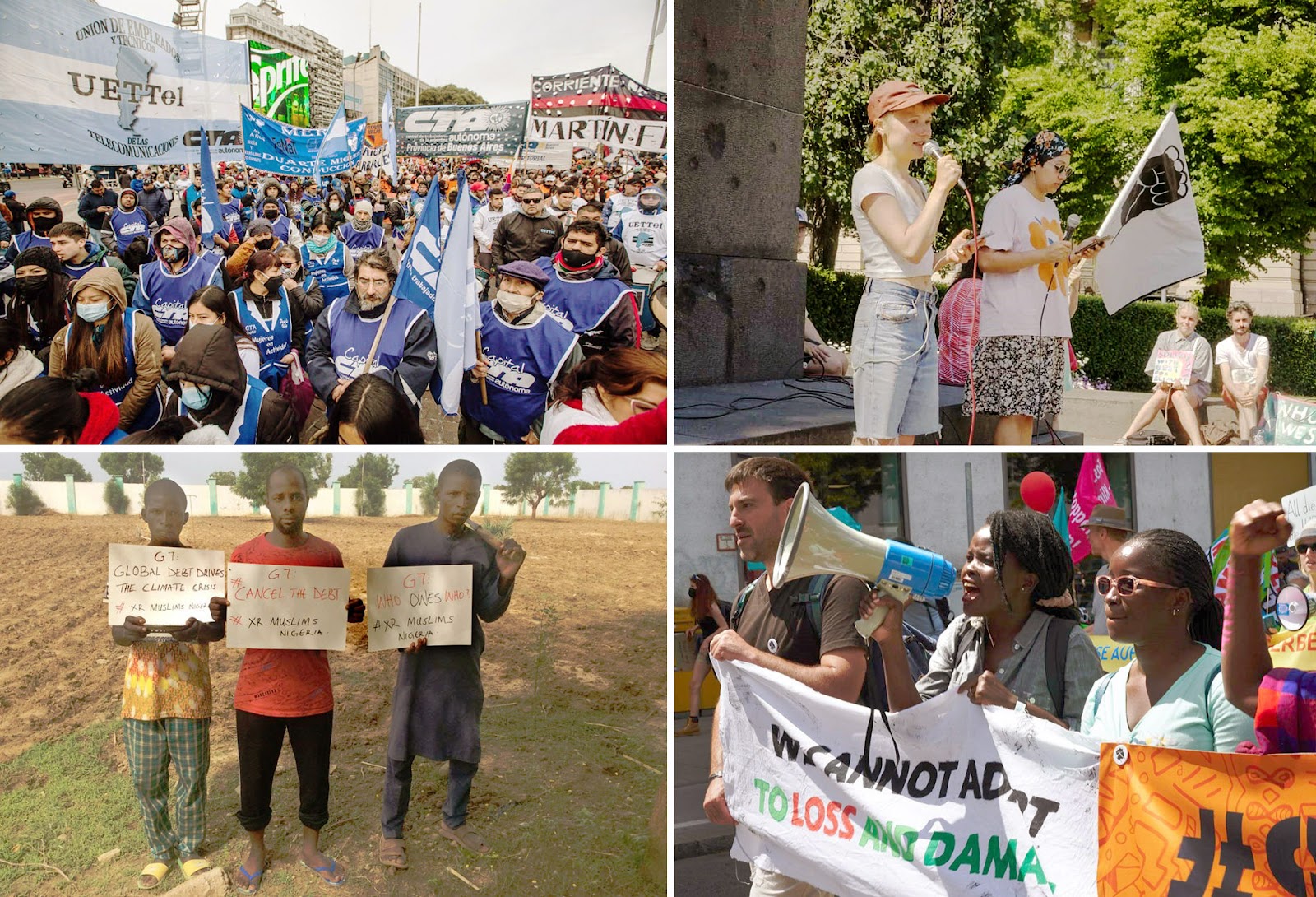 Debt For Climate Action Montage: huge crowds march in Argentina, Finnish rebels speak outside a major bank, a D4C march in Germany, XR Muslims in Nigeria hold signs with messages for G7