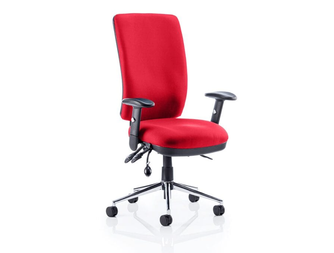 A high backrest office chair with armrest.
