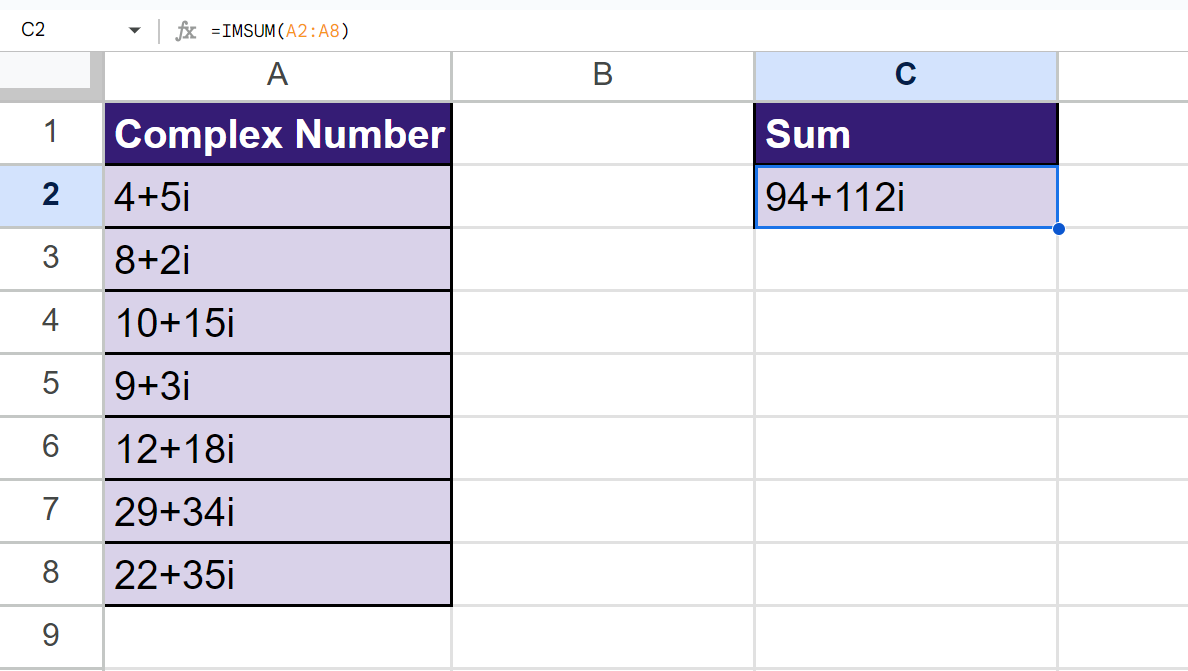 IMSUM Function in Google Sheets