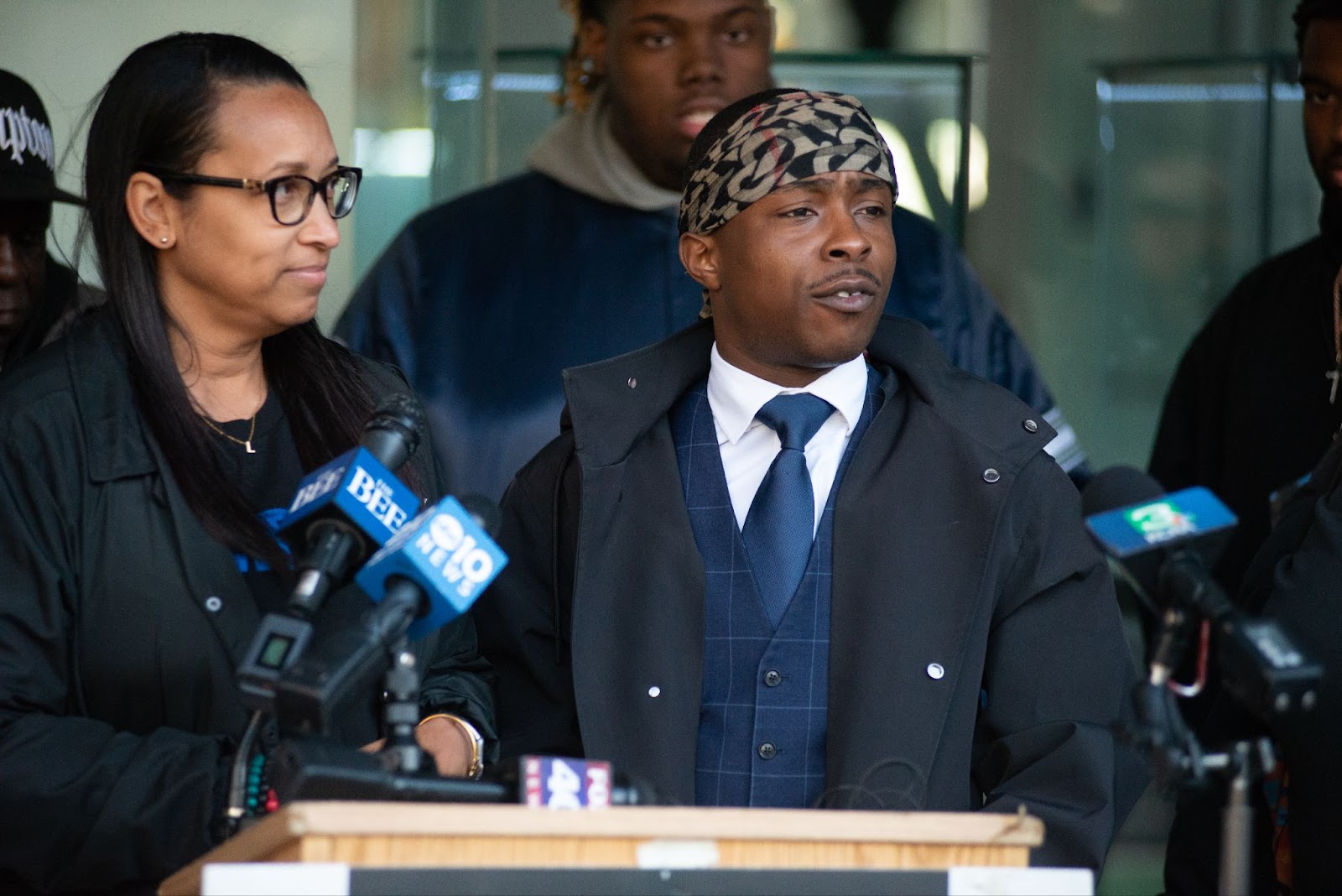 Stevante Clark, founder of the IAMSAC Foundation and brother of Stephon Clark, addresses the media as Leia Schenk, founder of EMPACT, stands to his right.