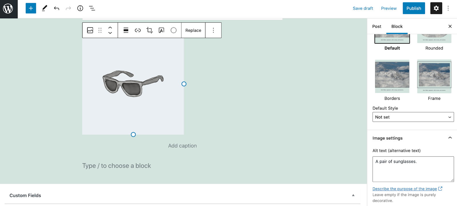 Screenshot of image being uploaded to WordPress with ALT text, "a pair of sunglasses" 