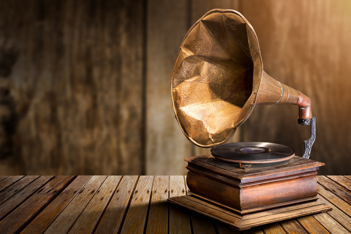 gramophone sits on wooden table
