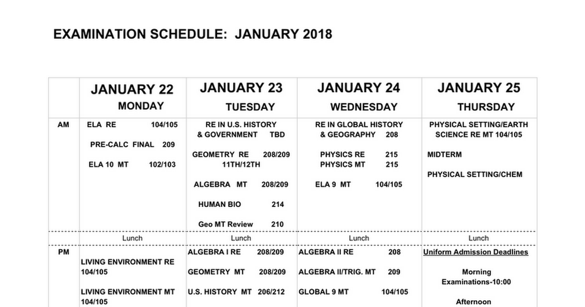 January 2018 Midterm & Regents Exam Schedule