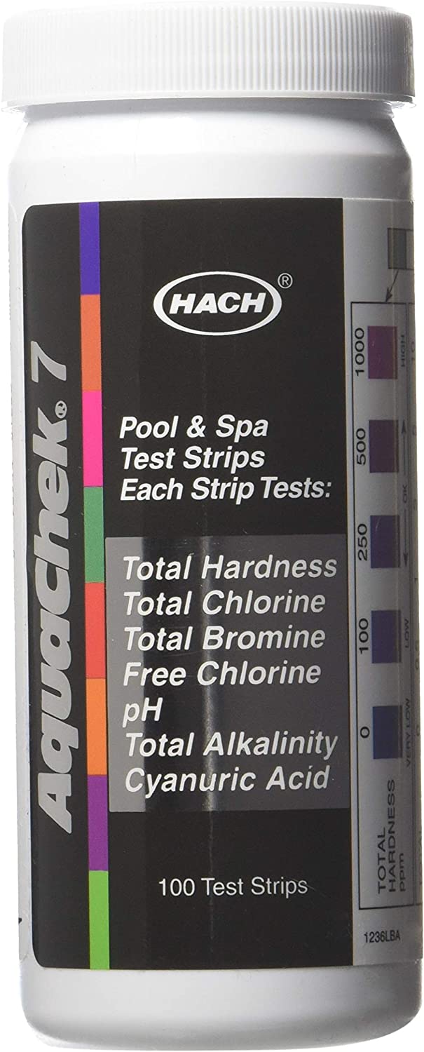 a white bottle of 100 AquaChek pool chemical test strips