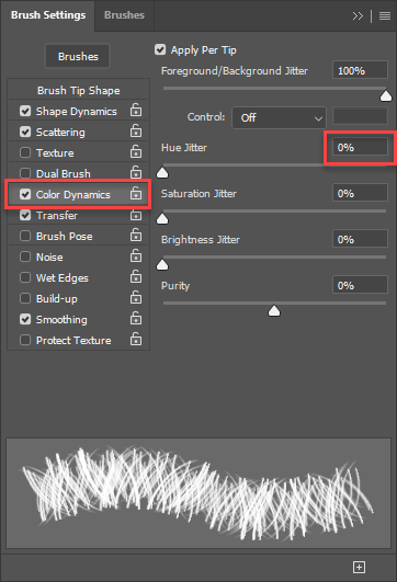 Shows the brush's Color Dynamics settings