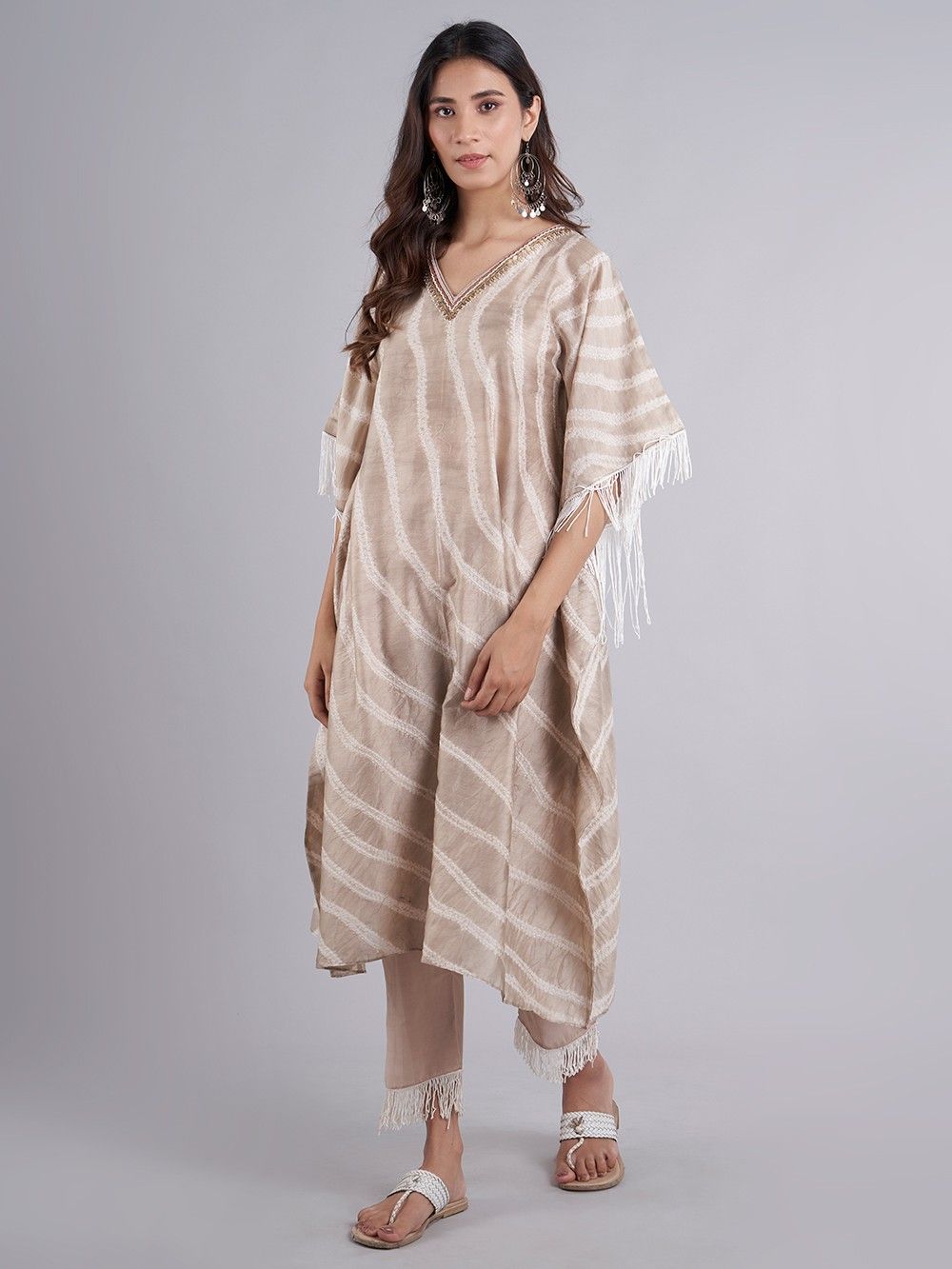 the loom - Beige Shibori Dyed Chanderi Silk Kaftan