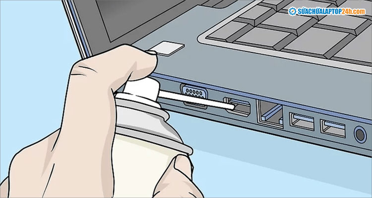 Xịt bình khí nén từ 2 phía của cổng USB laptop