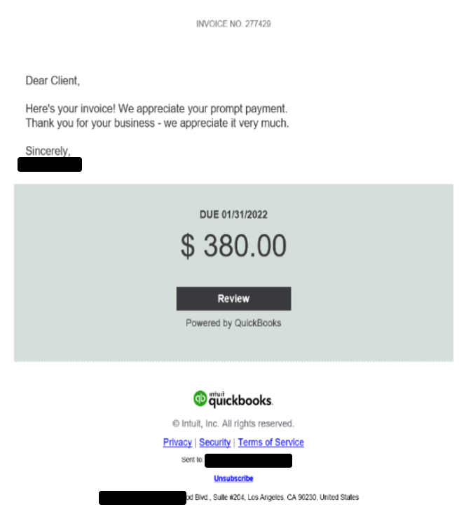 Example of a quickbooks phishing scam