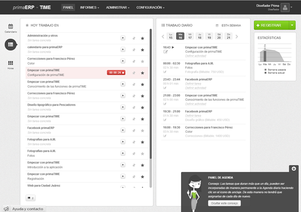 Panel de la agenda en primaERP TIME TRACKING.