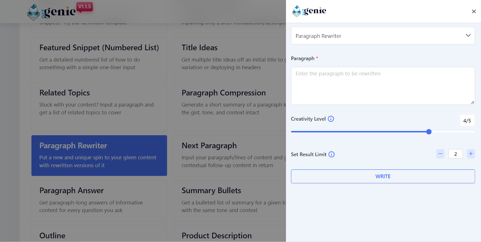GetGenie AI writing assistant offers 30+ useful templates.