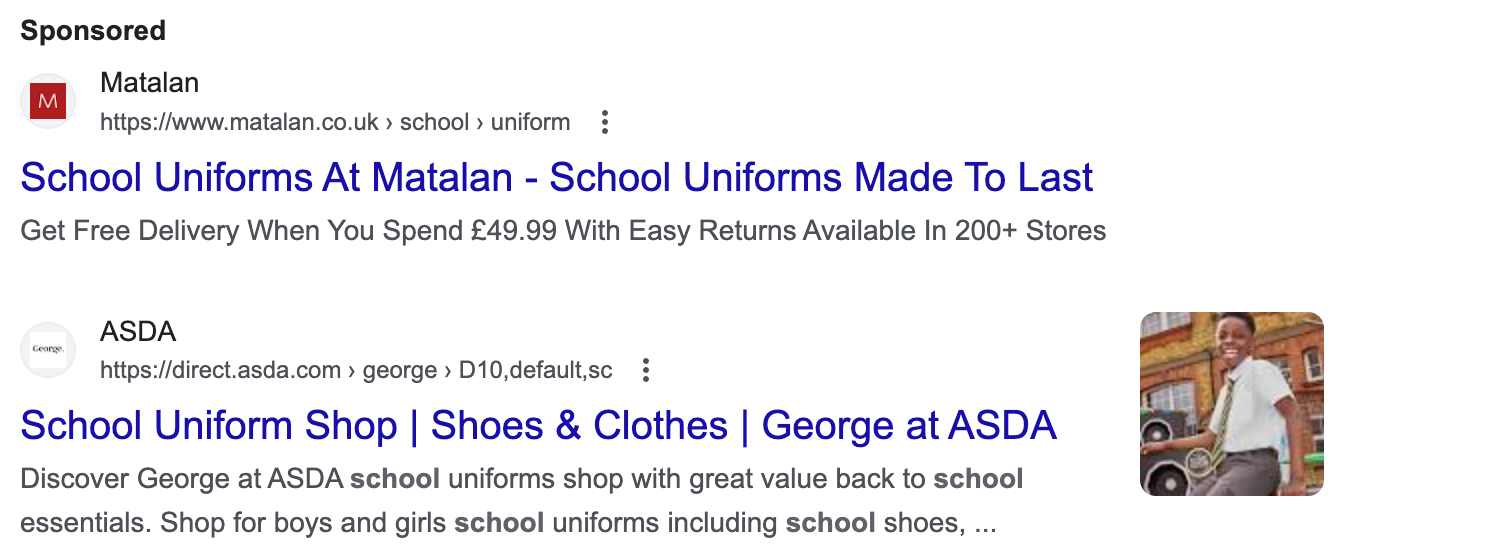 Screenshot of a sponsored post by Matalan and an organic post from Asda in Google's search results.