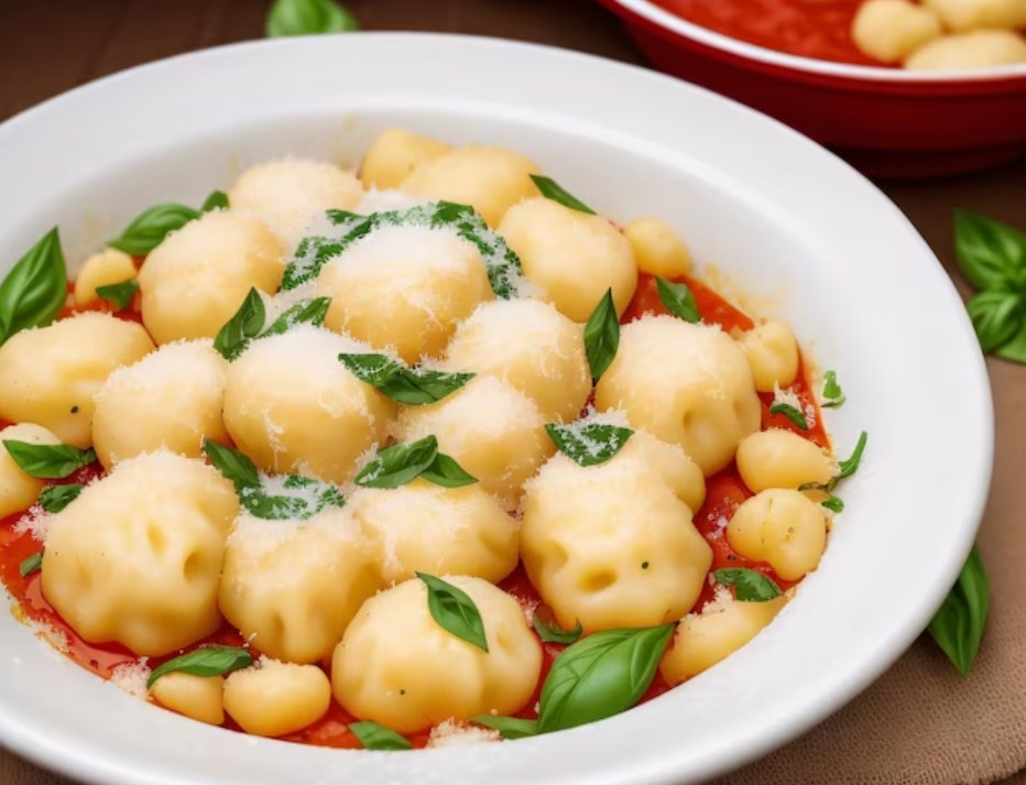 Italian gnocchi with tomato sauce and basil served on a plate