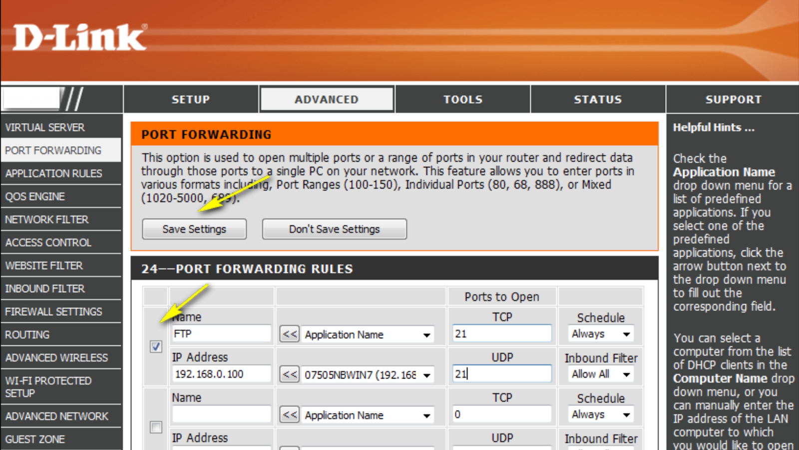 Screenshot of port forwarding page