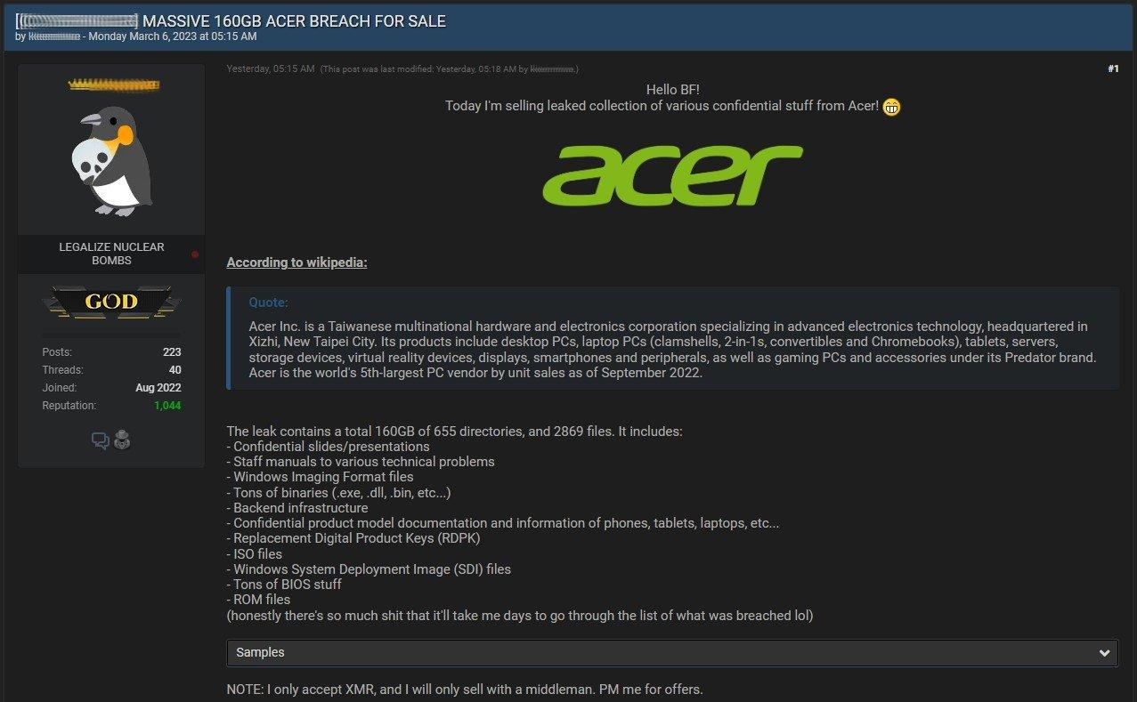 Acer data put up for sale on hacker forums