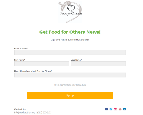 Captura de tela do formulário de contato do site Food for Others