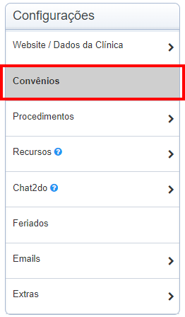 Botão 'Convênios' contornado em vermelho no menu lateral 'Configurações'.