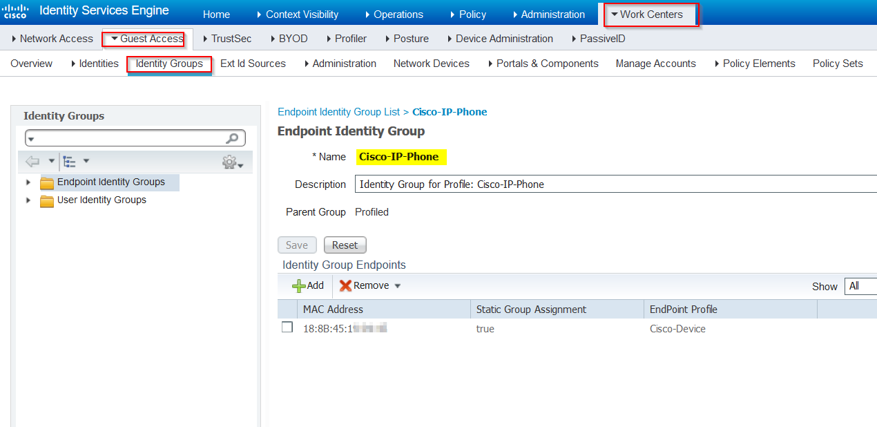 Machine generated alternative text:
Identity Services Engine 
CISCO 
Home 
Context Visibility Operations 
Policy 
Administration 
Work Centers 
Network Access 
Guest Acces 
TrustSec BYOD Profiler 
Posture 
Device Administration 
PassivelD 
Overview Identities Identity Groups Ext Id Sources Administration 
Network Devices Portals & Components Manage Accounts 
Policy Elements 
Policy Sets 
Identity Groups 
Endpoint Identity Groups 
User Identity Groups 
Endpoint Identity Group List > Cisco-IP-Phone 
Endpoint Identity Group 
* Name Cisco-IP-Phone 
Description Identty Group for Profile: Csco-IP-Phone 
Parent Group Profiled 
Identity Group Endpoints 
+ Add Remove 
MAC Address 
Show 
All 
Static Group Assignment 
true 
EndPoint Profile 
Cisco-Devce 