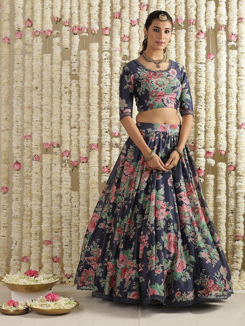 the loom - Navy Blue Floral Printed Chanderi Lehenga