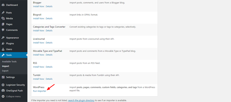 tela de importação de blog wordpress auto-hospedado