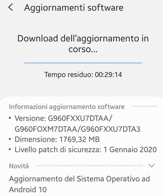 Aggiornamento del Sistema Operativo ad Android 10 per Samsung S9(SM-G960F) e S9 Plus 