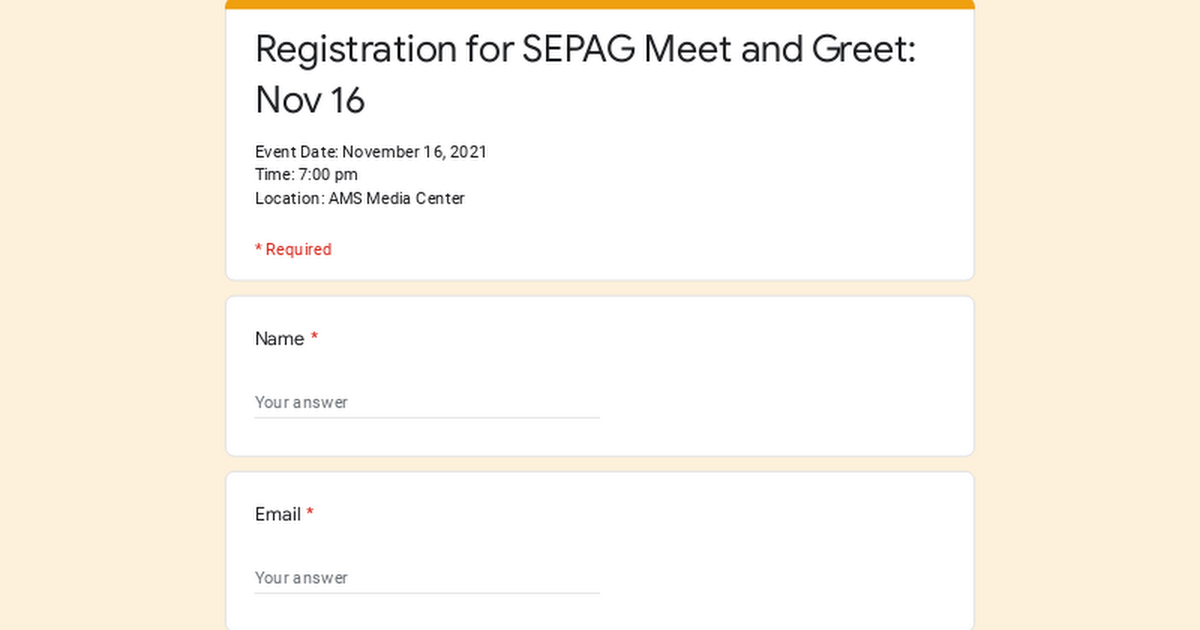 Registration for SEPAG Meet and Greet: Nov 16
