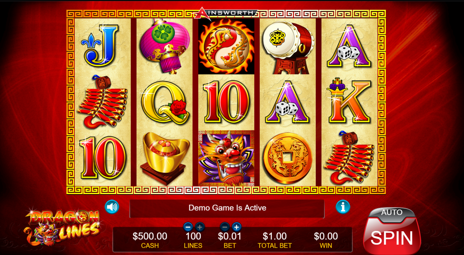 A screenshot of a red dragon slots game at resorts casino with symbols of lantern, dice, coins and dragons. 