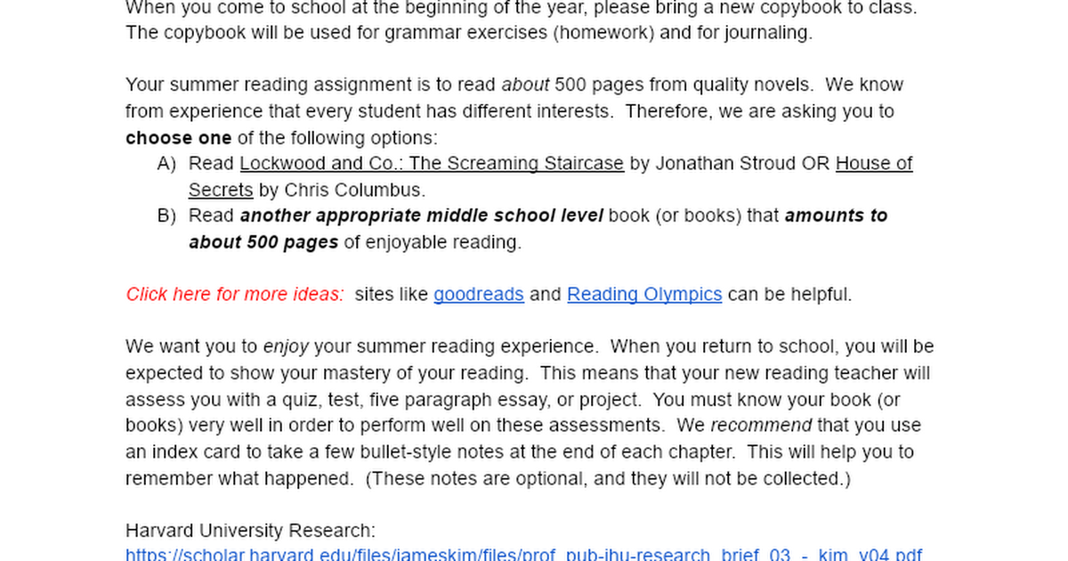 2022-2023 Summer Reading 7th to 8th Grade