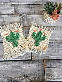 two cactus coasters on wooden table