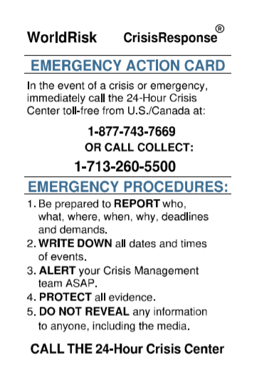 Screenshot of the WorldRisk CrisisResponse emergency action card 