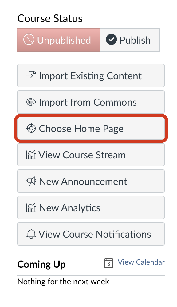 Menu options located on the right-hand side of the Canvas home page.  Choose Home Page is circled.
