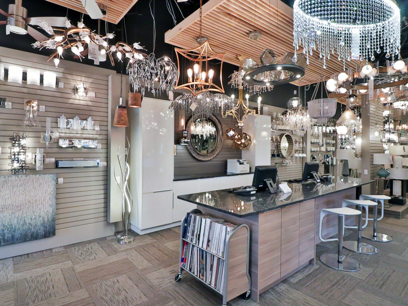 Lights on Banks lighting showroom with chandeliers, wall fixtures, fans, sconces, and accent lighting