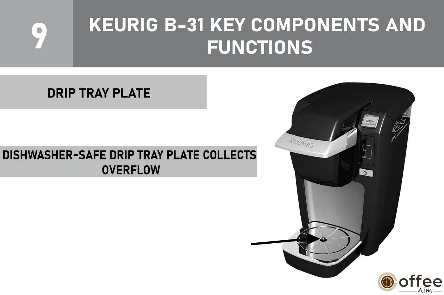 This image illustrates the component known as the 'Drip Tray Plate' of the Keurig B-31 coffee maker, featured in the article 'How To Use Keurig B-31'.
