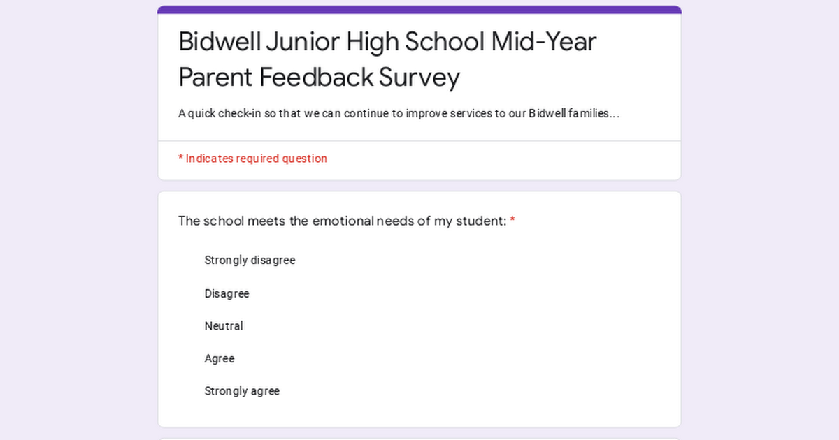 Bidwell Junior High School Mid-Year Parent Feedback Survey