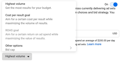 Highest Volume choice for campaign bidding strategy.