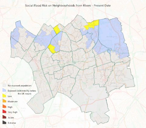 Map of the social flood risk on neighbourhoods from rivers in the borough