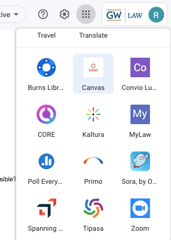 Screenshot of Google 9 dot menu in @law email, scrolled down to show the highlighted canvas app.