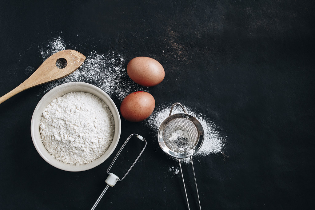 A picture of different baking ingredients and equipment