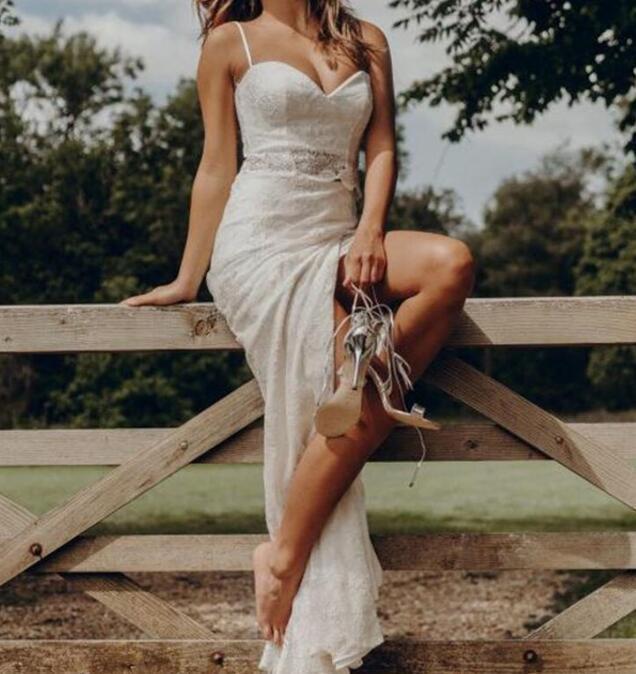 Boho Country Style Summer Lace Two Piece Spaghetti Straps Bridal Separates with Slit 